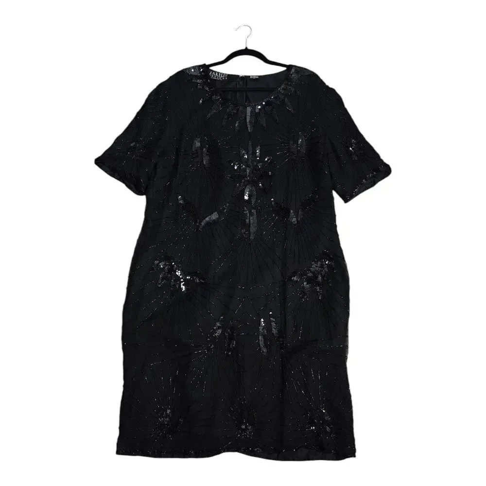 Vintage Jakelin Designs Silk Beaded Chic Black Sequin Midi Dress Size 1X